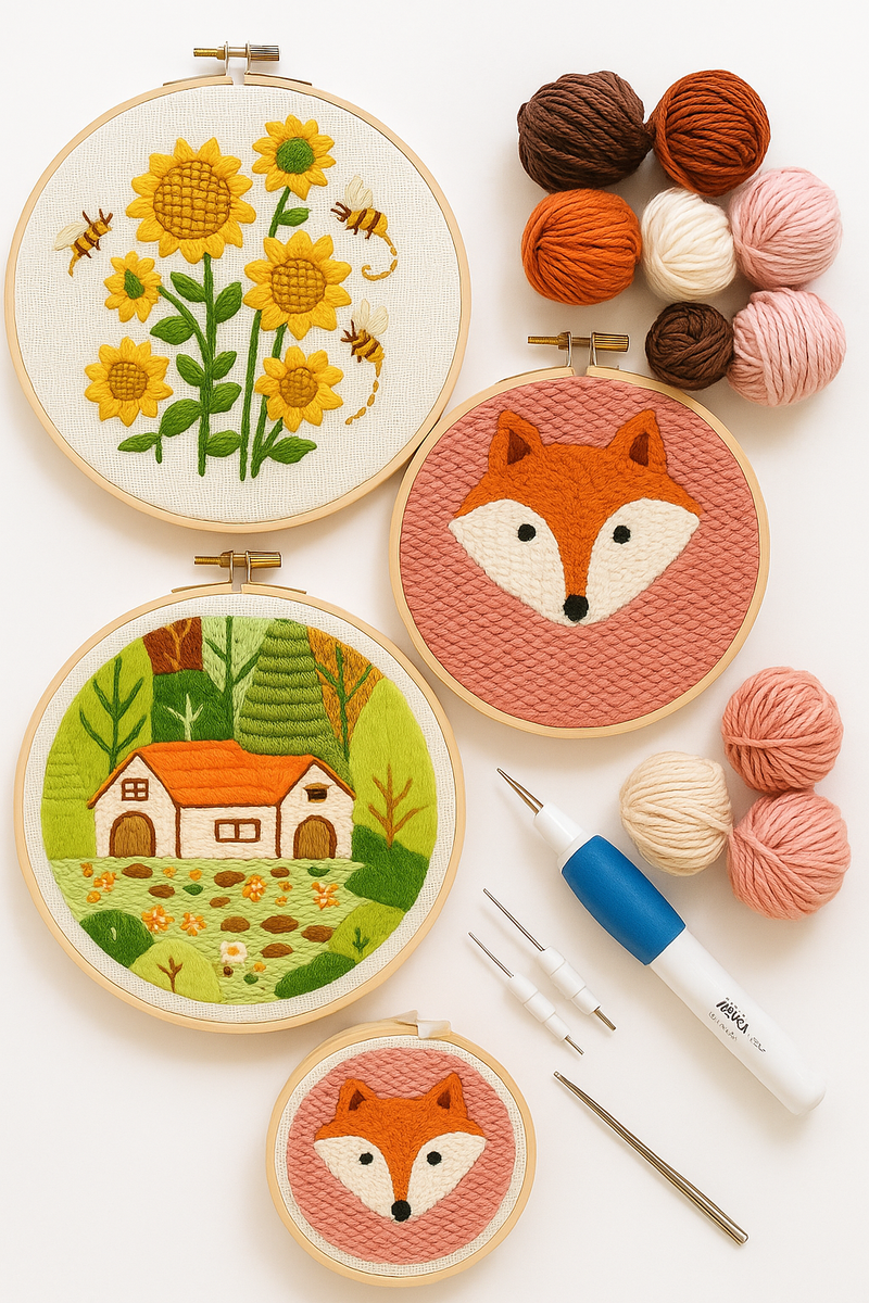 Embroidery Frame Kit –(3 Design, Punch Needle, threads, Tracing Paper & Marker)