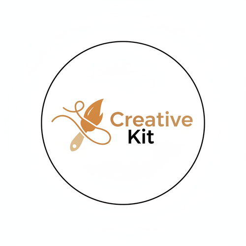 Design a simple, modern, and professional logo for the brand “Creative Kit”.
The logo should reflect the essence of coloring kits and handmade bag-making kits.
Incorporate a minimal icon that subtly represents creativity, such as a paintbrush or a thread, combined with elements of art and craftsmanship.
Use a soft, modern color palette including beige, light brown, muted orange, and black.
The typography should be clean, modern, and elegant, ensuring readability and a premium feel.
Keep the design **flat